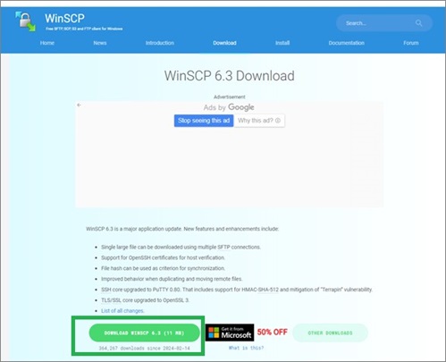 WinScpのダウンロードページ